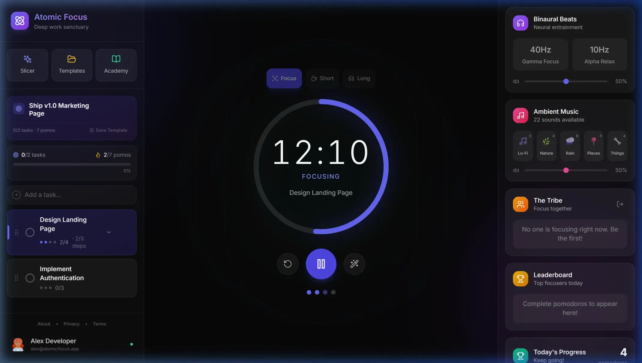 Atomic Focus application dashboard showing the AI Pomodoro timer, task breakdown, and ambient sound mixer