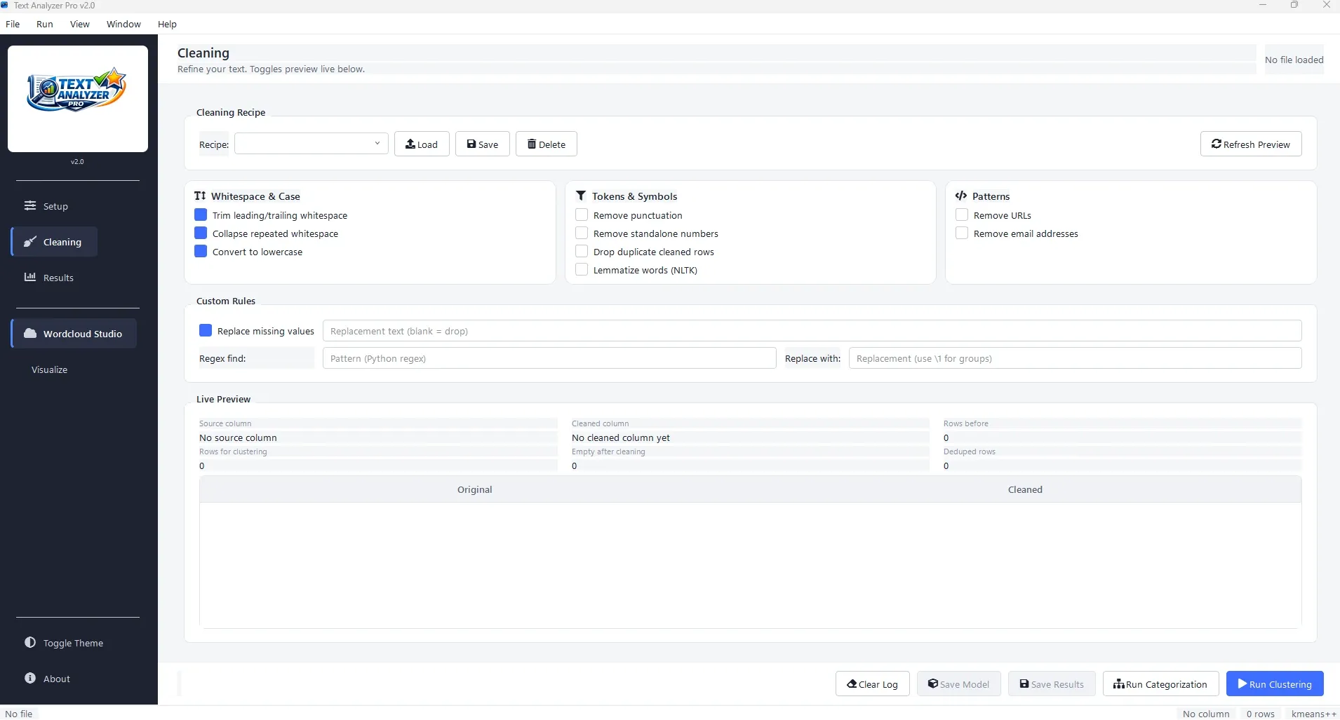 Text Analyzer Pro cleaning tab showing rules, custom regex find/replace, and live preview