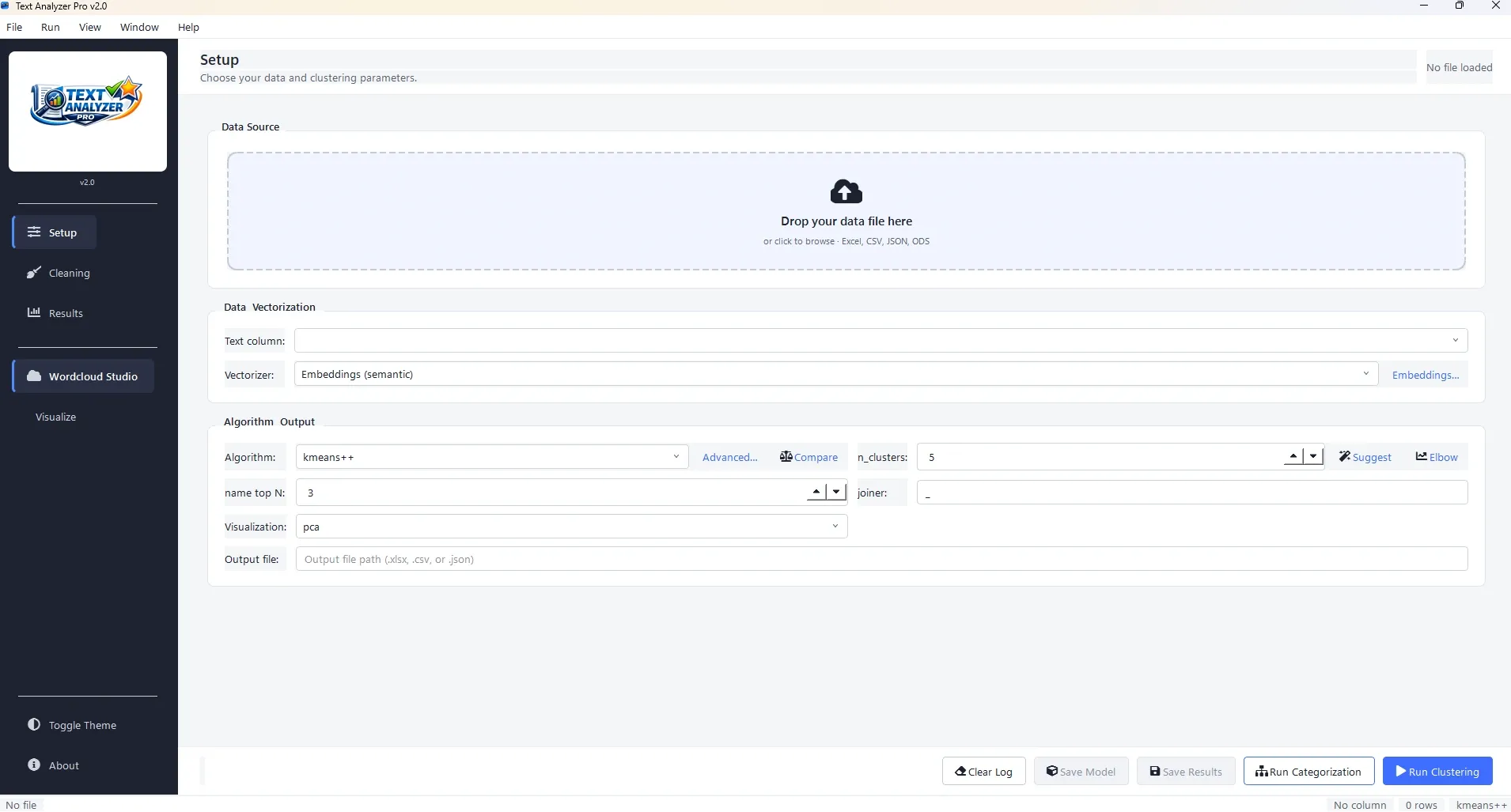 Text Analyzer Pro setup screen showing dropzone, vectorizer options, and clustering controls
