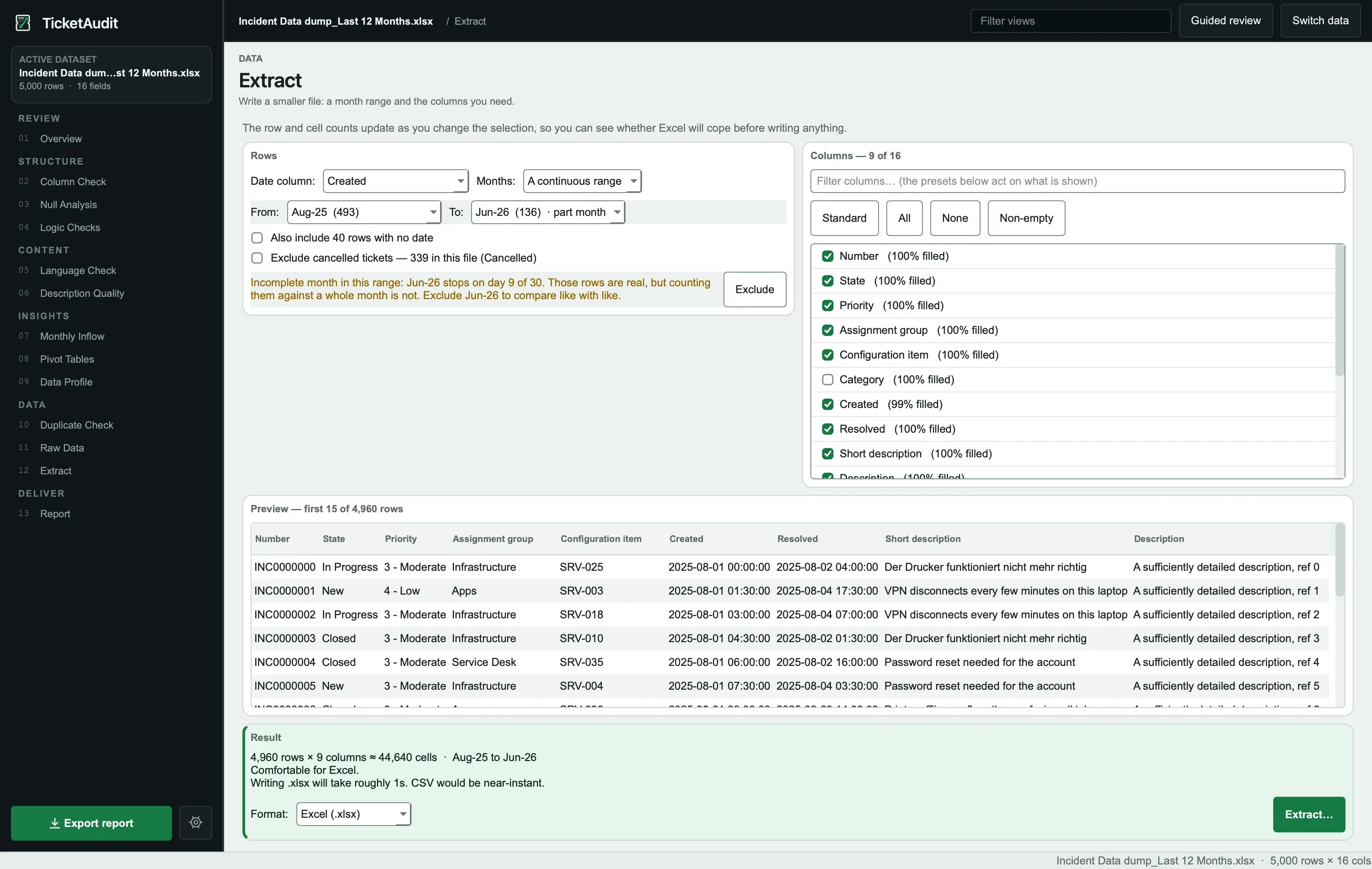 TicketAudit extract tool showing date range filter and column selection for export
