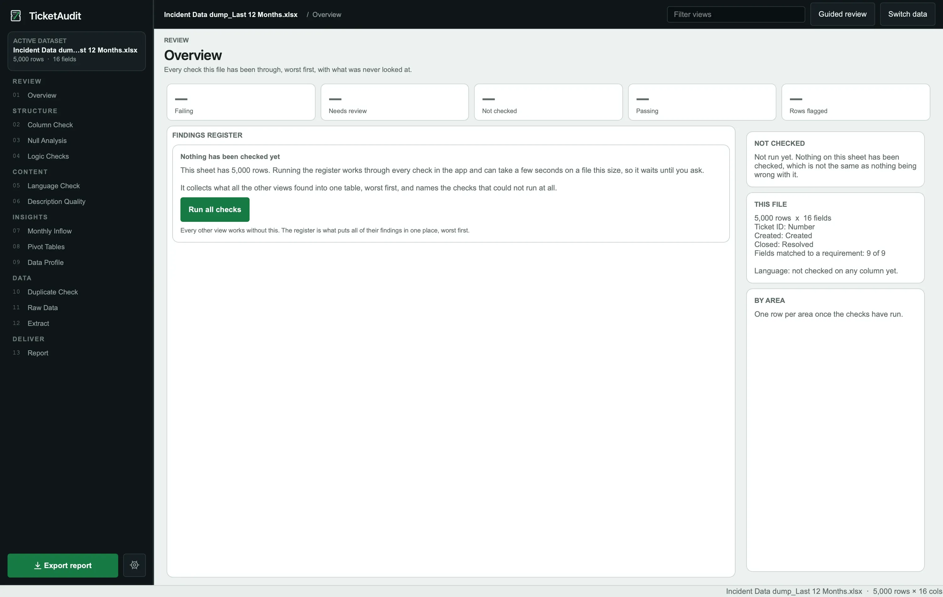 TicketAudit overview screen showing file summary, column mapping results, and audit status