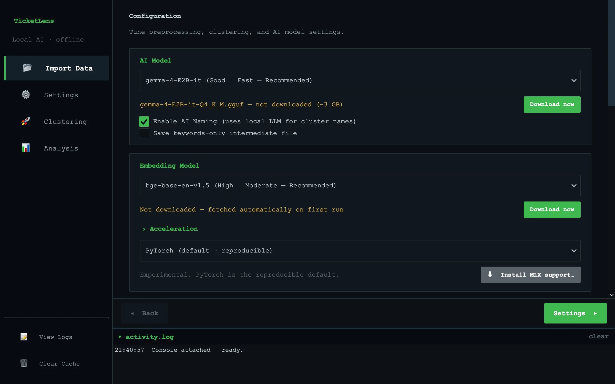 TicketLens hardware acceleration settings interface showing CPU, Metal, MLX, and OpenVINO configurations