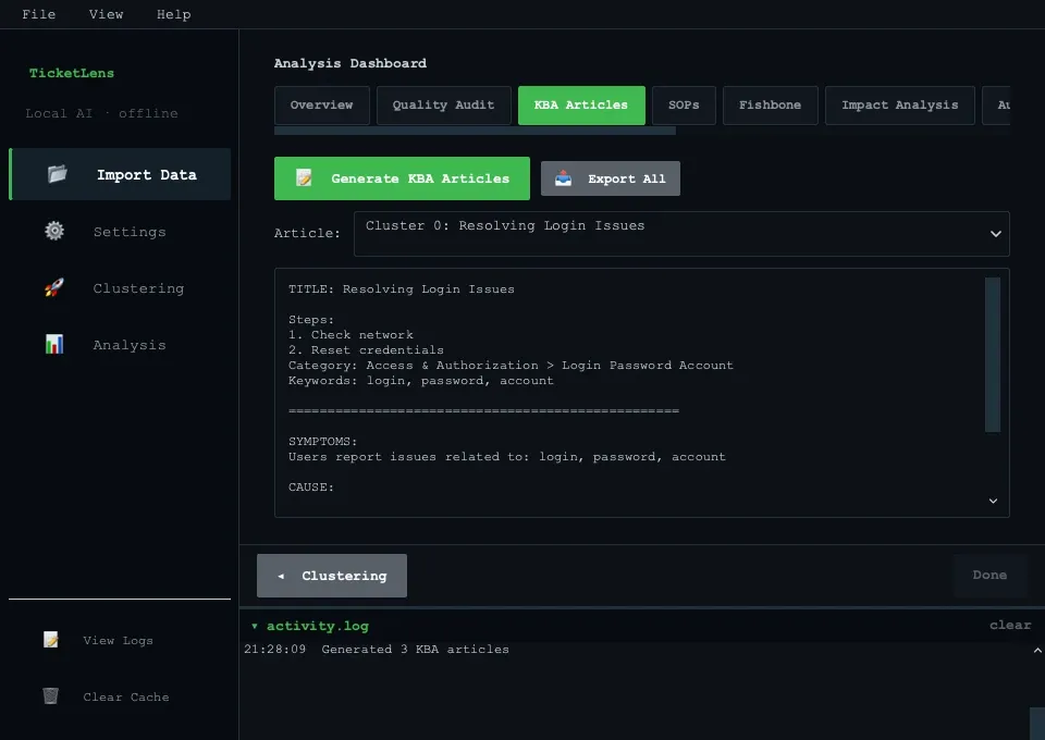 TicketLens Knowledge Base Article generator drafting solutions from incident patterns